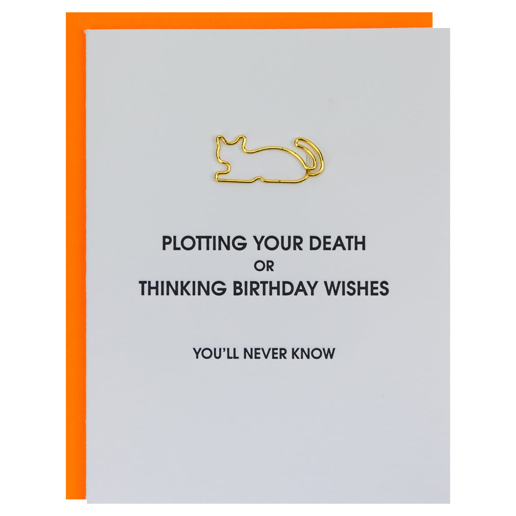 Plotting Your Death or Thinking Birthday Wishes. You'll Never Know - Cat Paper Clip Letterpress Card