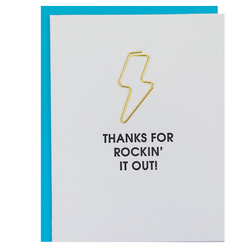Thanks For Rockin' It Out - Lightning Bolt Paper Clip Letterpress Card