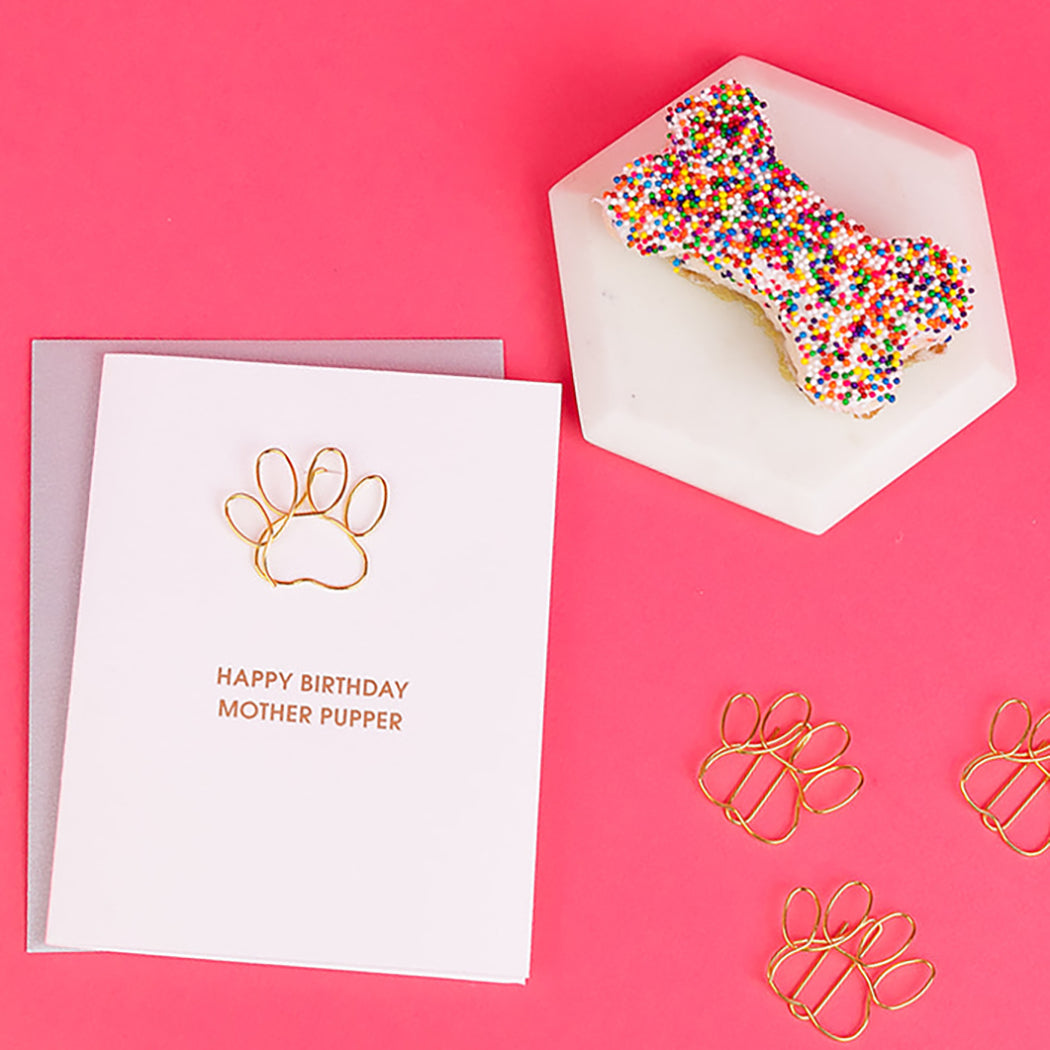 Happy Birthday Mother Pupper - Paw Print Paper Clip Letterpress Card