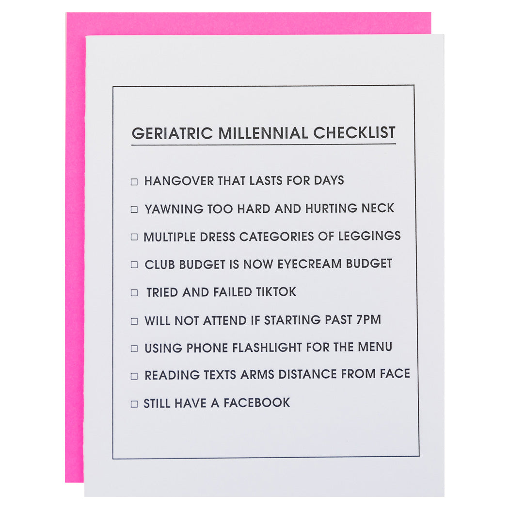 Geriatric Millennial Checklist - Letterpress Card