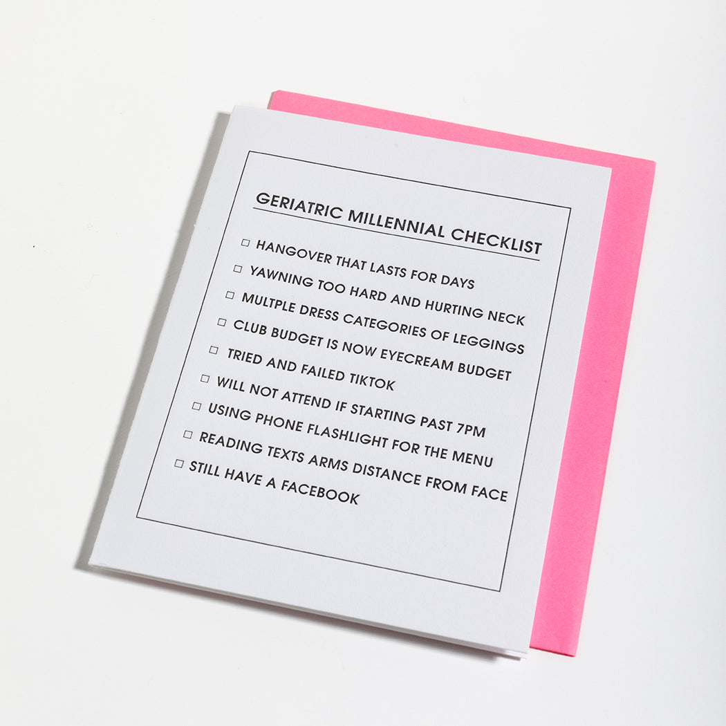 Geriatric Millennial Checklist - Letterpress Card
