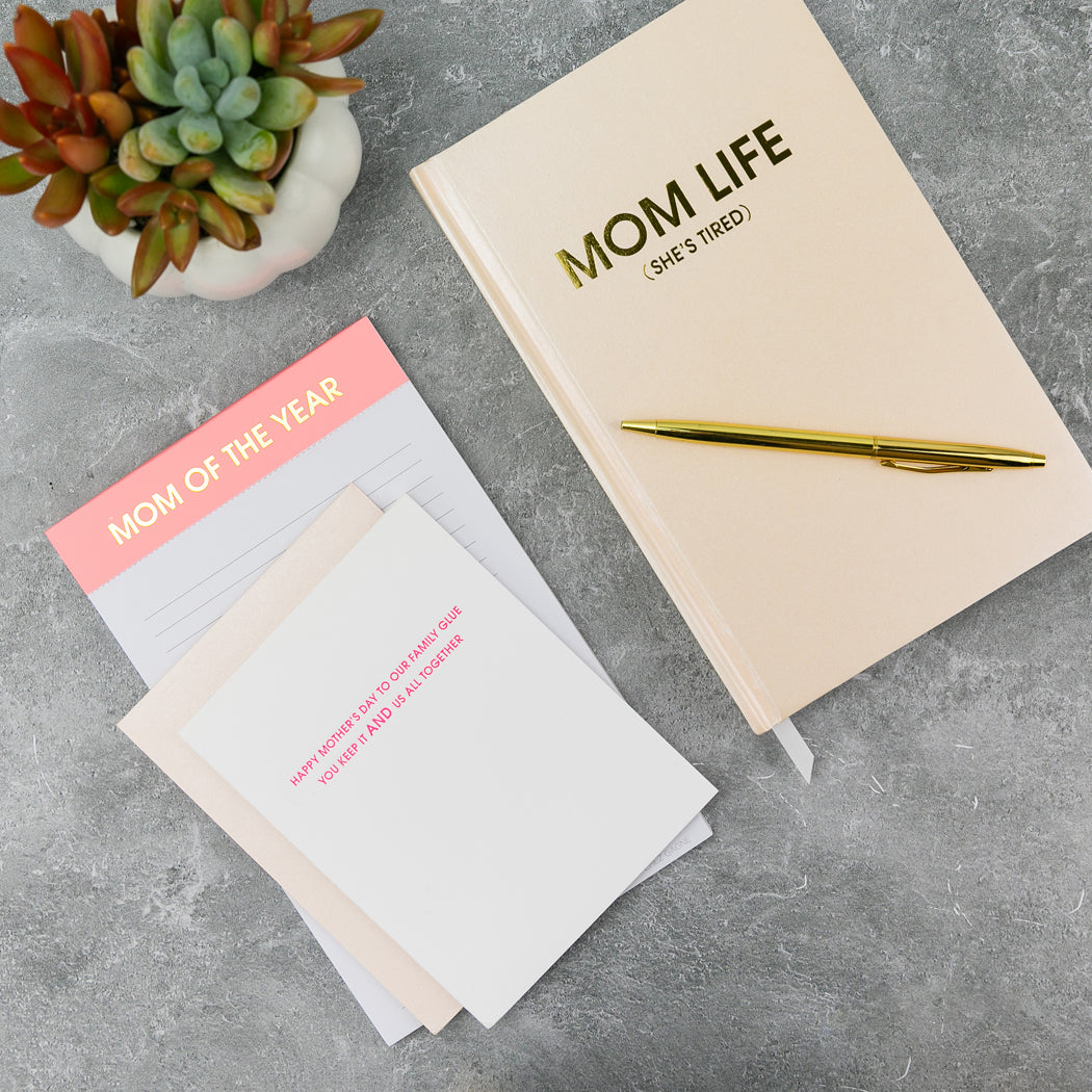 Mom Life (She's Tired) - Coral Shimmer Hardcover Journal