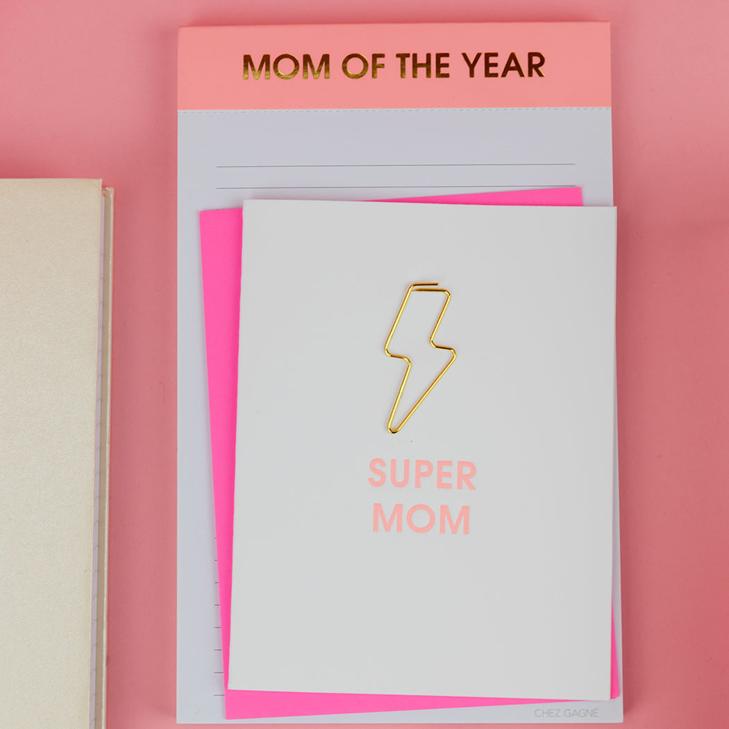 Super Mom - Lightning Bolt Paper Clip Letterpress Card