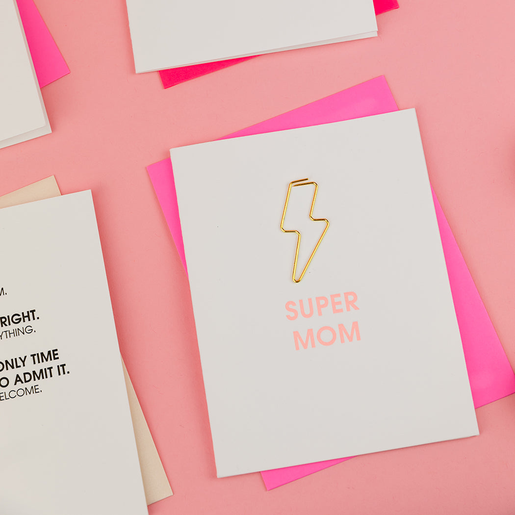 Super Mom - Lightning Bolt Paper Clip Letterpress Card