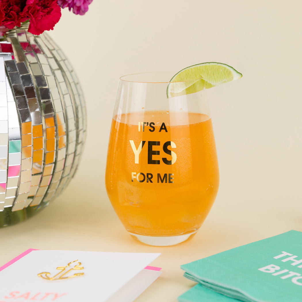 It's A Yes For Me - Gold Foil Stemless Wine Glass