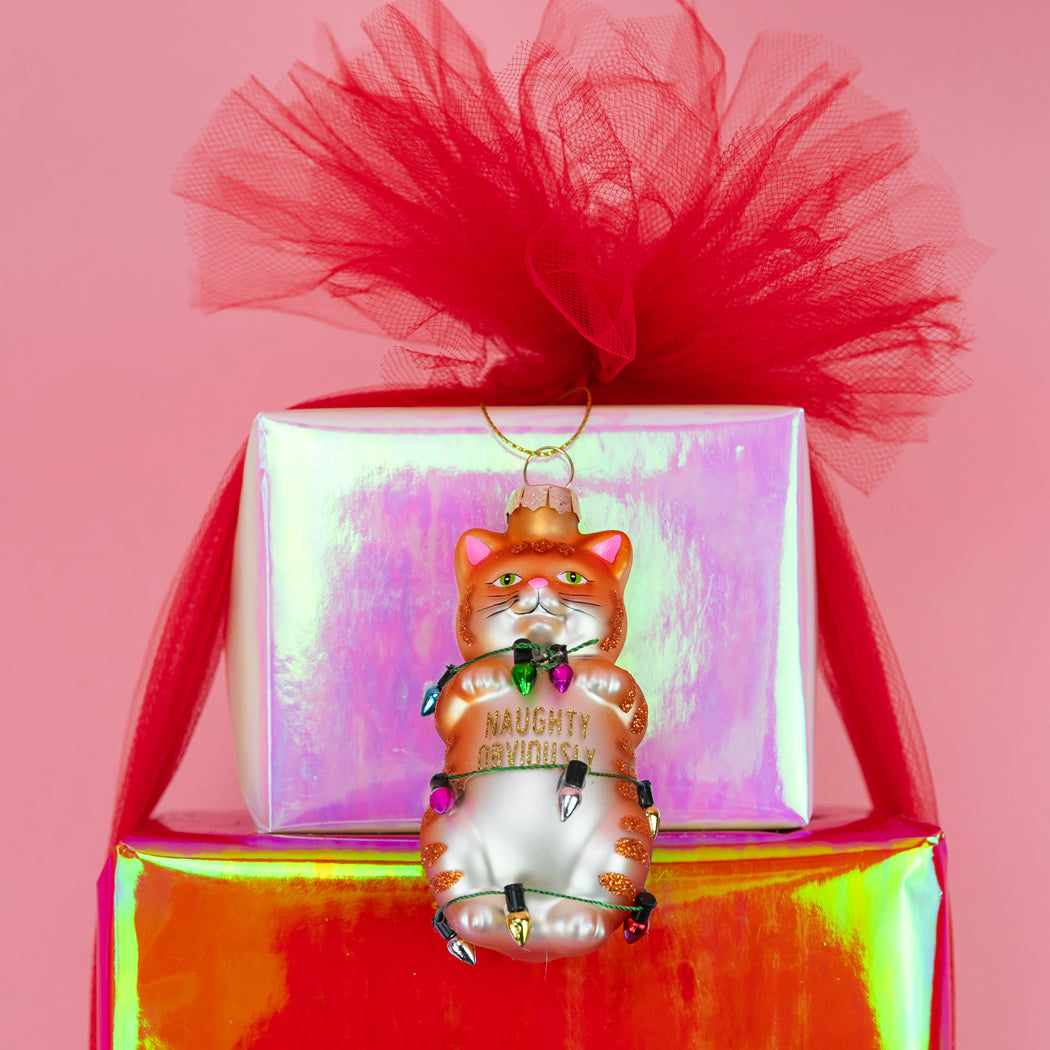 Naughty Obviously - Tangled Tabby Cat Glass Ornament