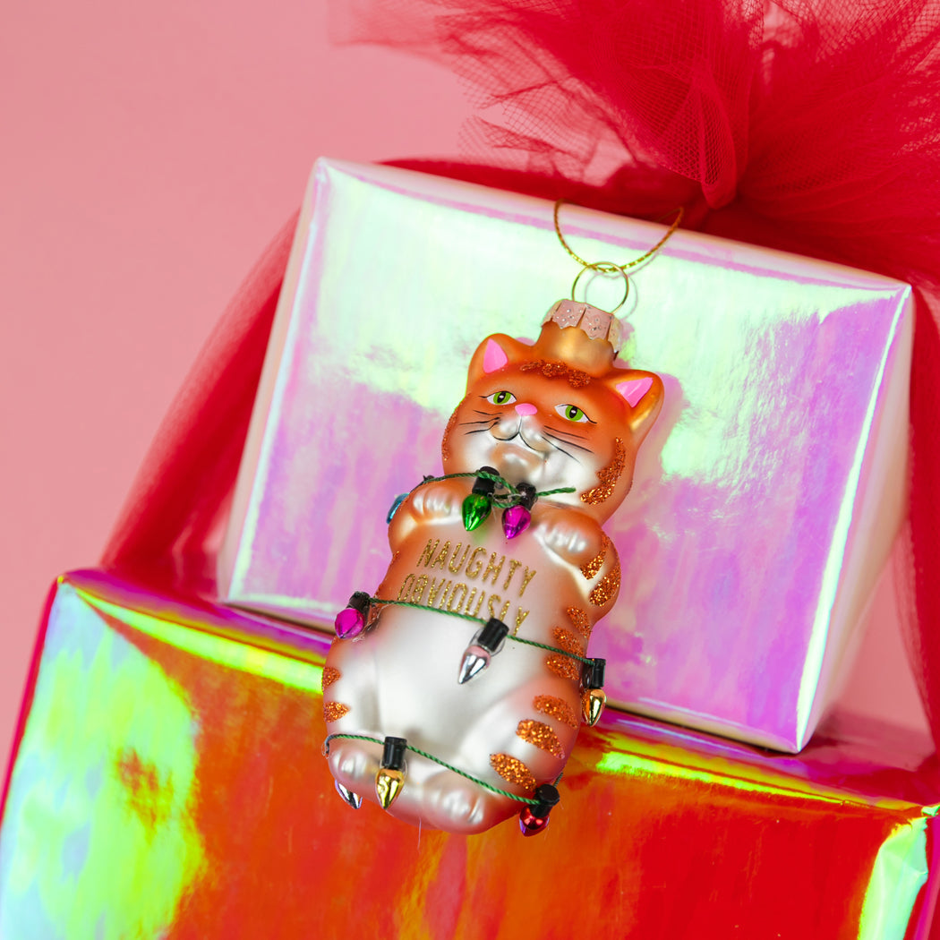 Naughty Obviously - Tangled Tabby Cat Glass Ornament
