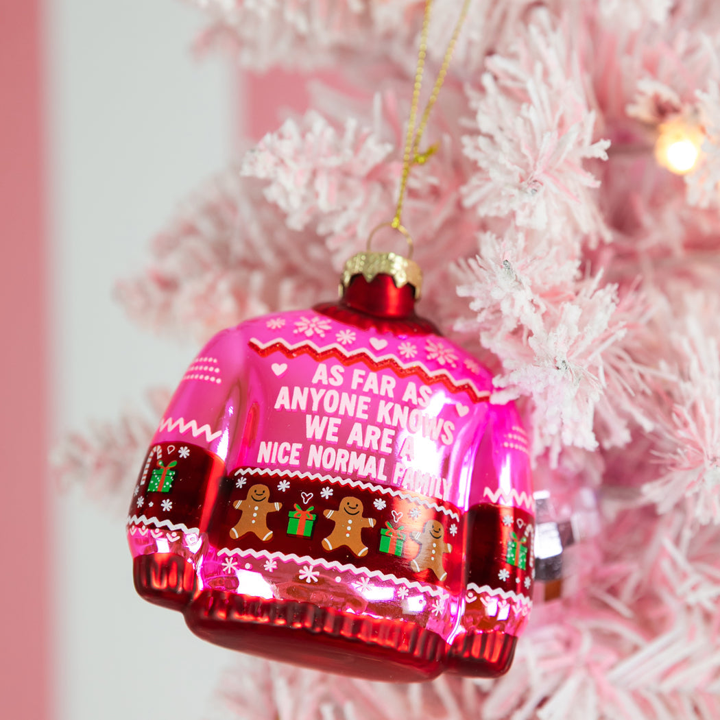 As Far As Anyone Knows We're A Nice Normal Family - Sweater Glass Ornament
