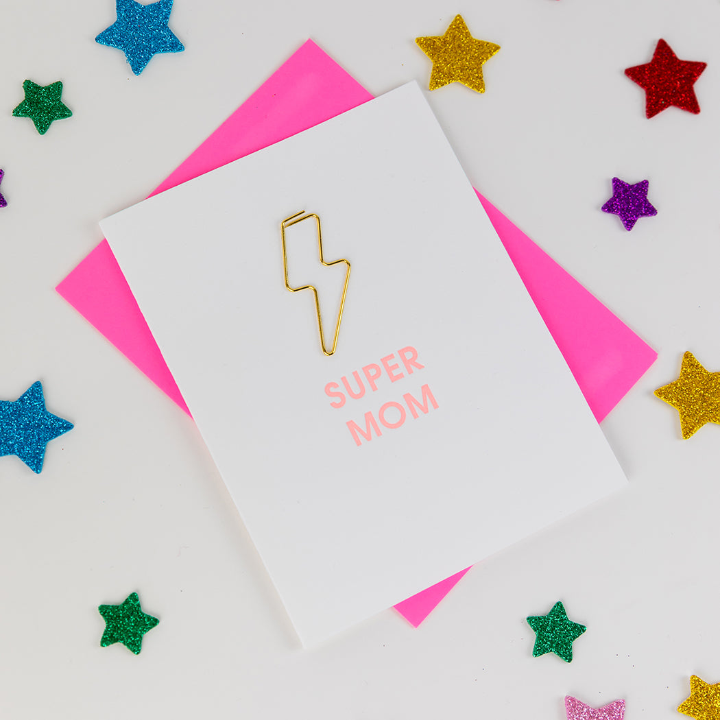 Super Mom - Lightning Bolt Paper Clip Letterpress Card