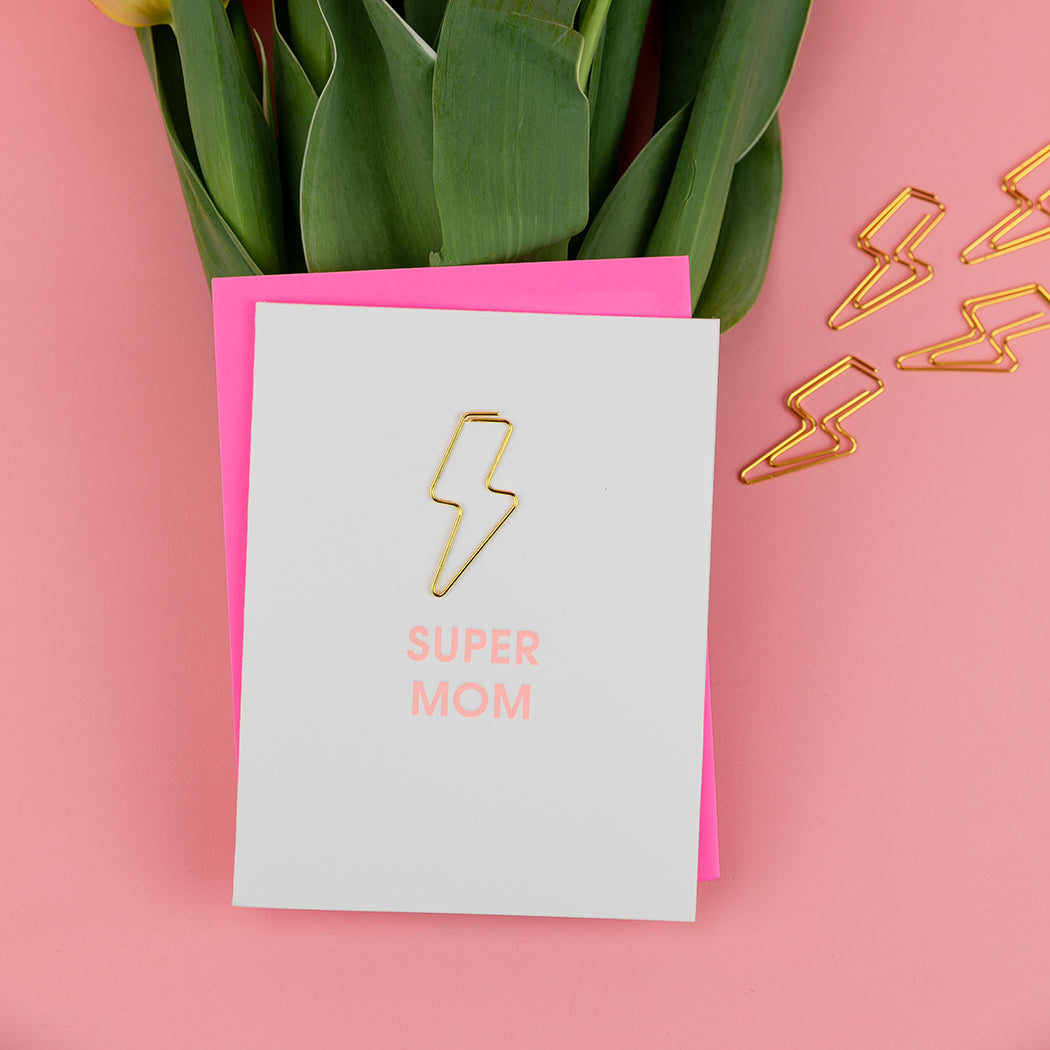 Super Mom - Lightning Bolt Paper Clip Letterpress Card