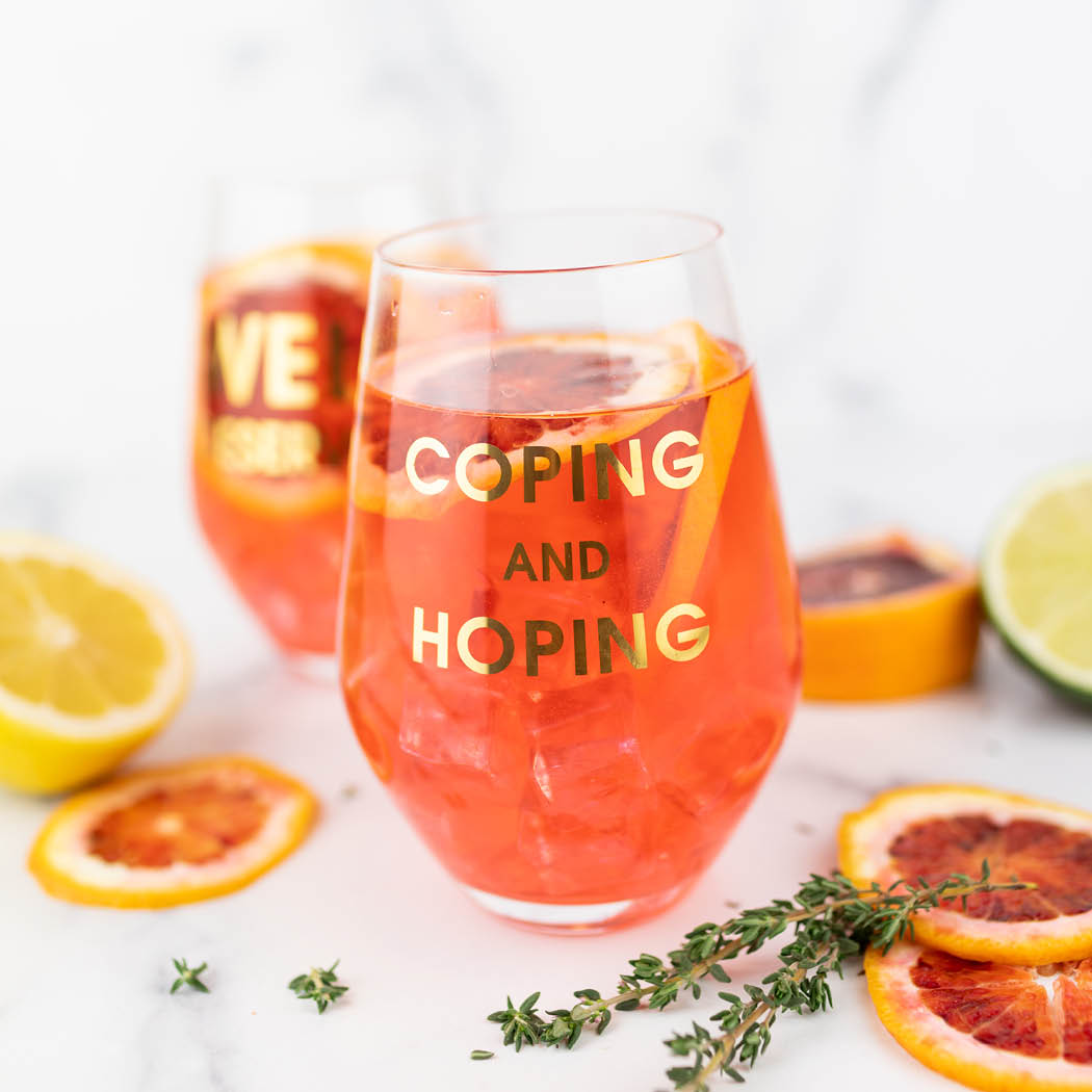 Coping and Hoping - Gold Foil Stemless Wine Glass