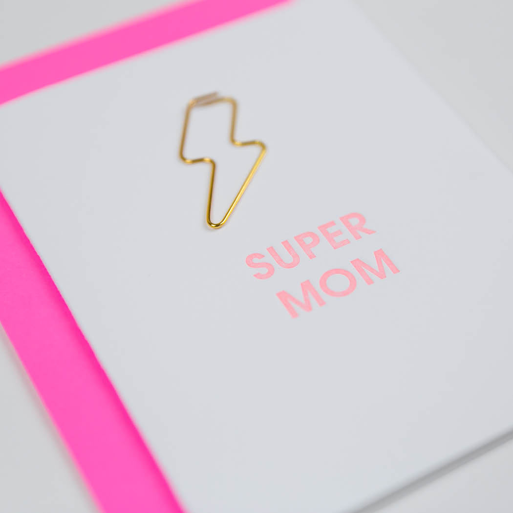 Super Mom - Lightning Bolt Paper Clip Letterpress Card