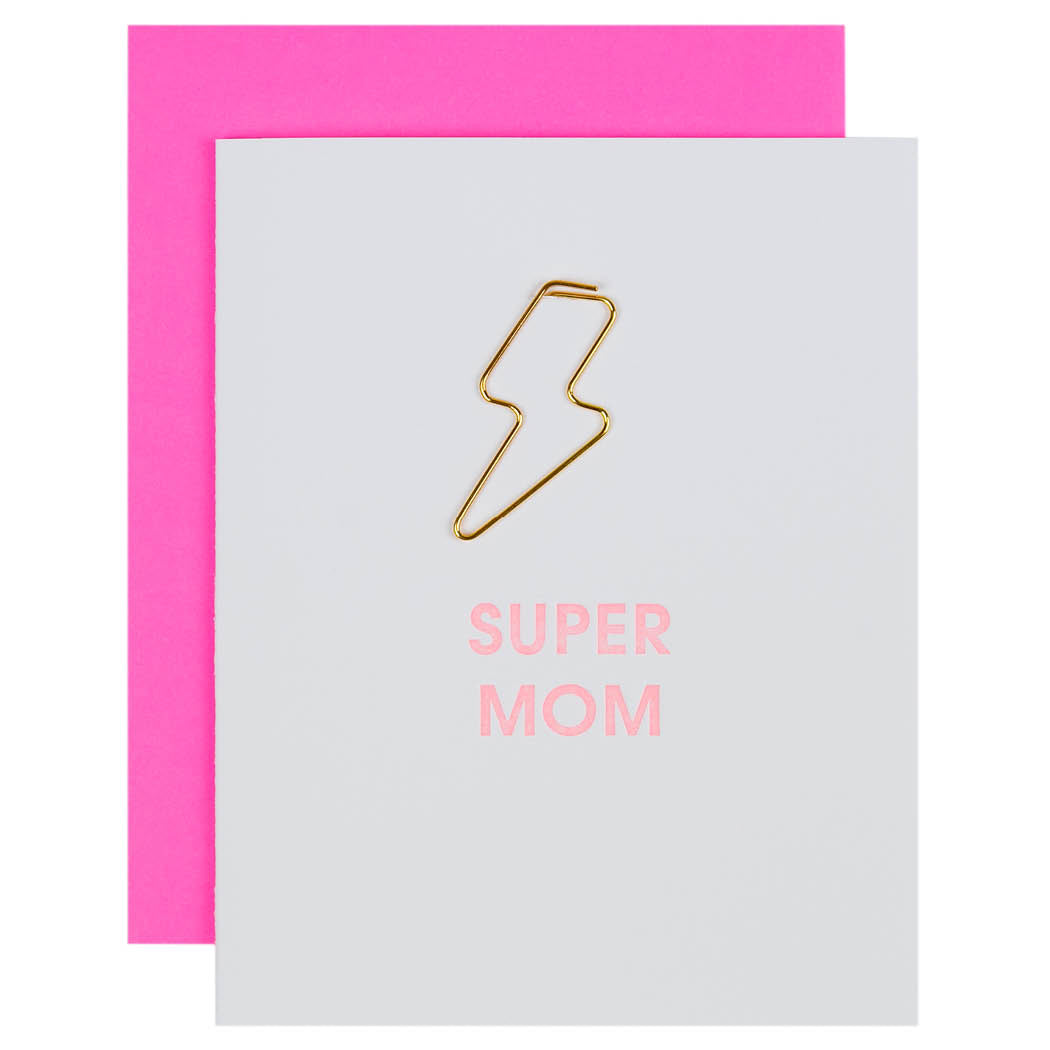 Super Mom - Lightning Bolt Paper Clip Letterpress Card