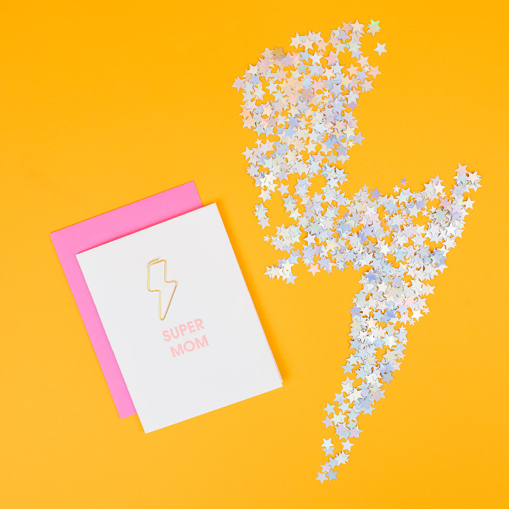 Super Mom - Lightning Bolt Paper Clip Letterpress Card