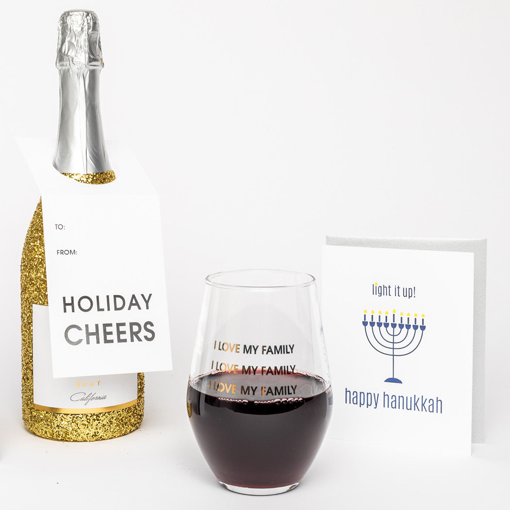 I Love My Family 19 oz Stemless Holiday Wine Glass by Chez Gagne