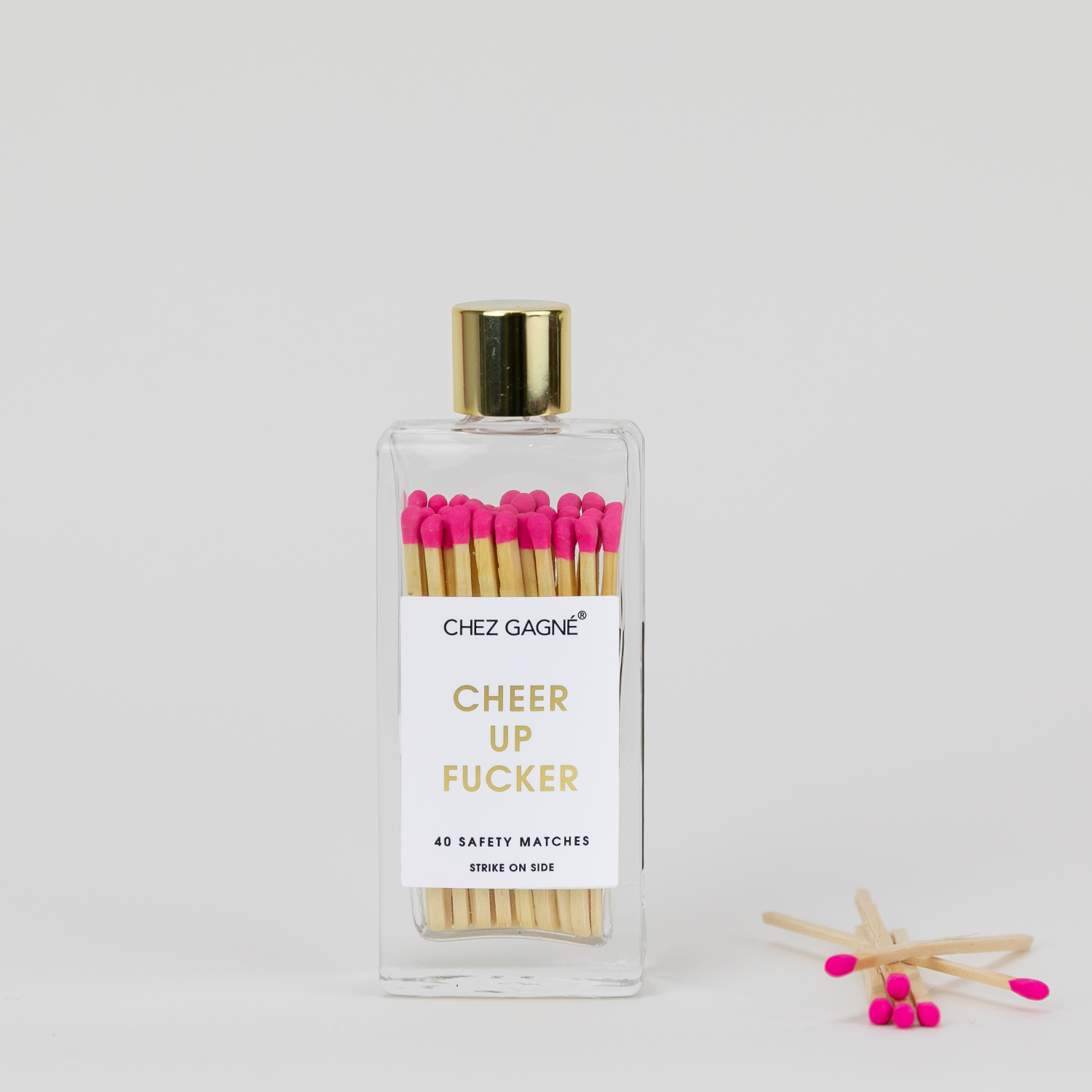 Cheer Up Fucker - Glass Bottle Safety Matches - Bright Pink