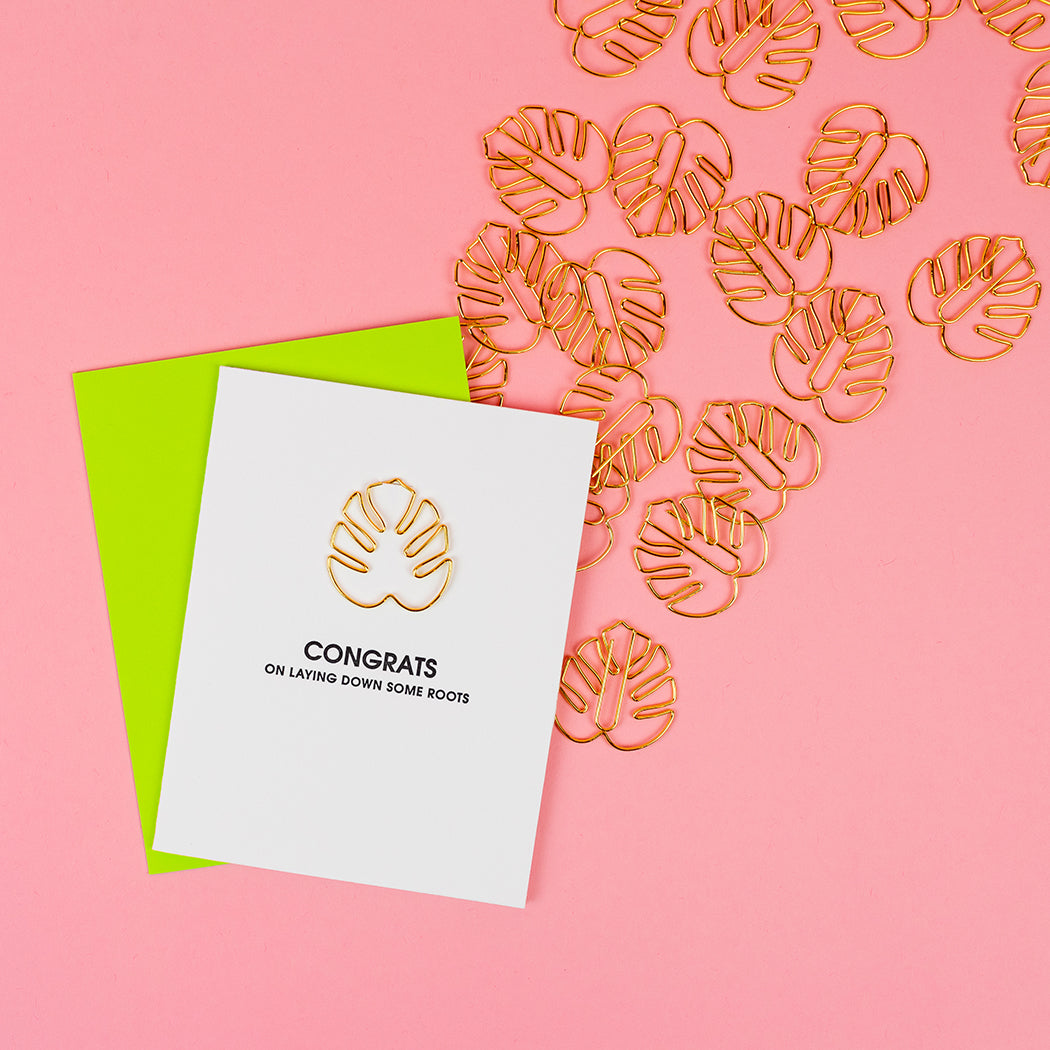 Congrats on Laying Down Some Roots - Monstera Leaf Paper Clip Letterpress Card