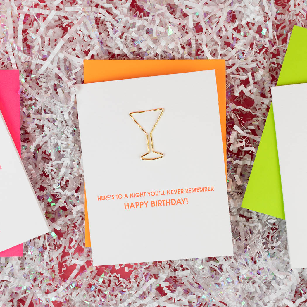Here's To A Night You'll Never Remember - Martini Paper Clip Letterpress Card