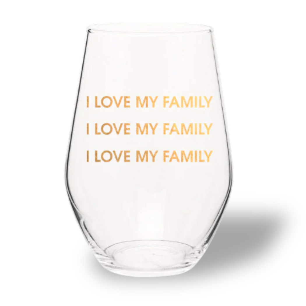 I Love My Family Gold Foil Stemless Wine Glass