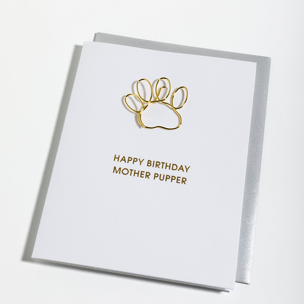 Happy Birthday Mother Pupper - Paw Print Paper Clip Letterpress Card