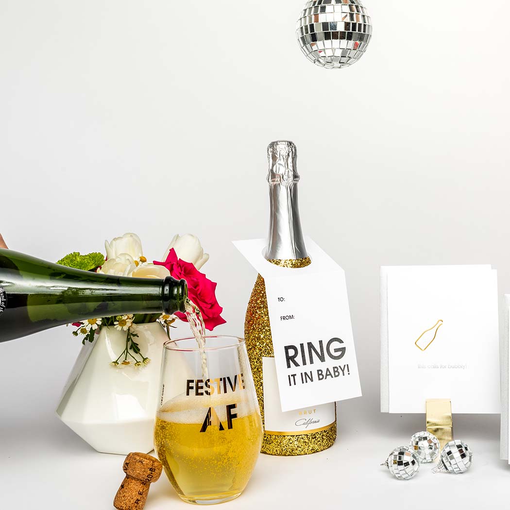 Festive AF- Gold Foil Stemless Wine Glass
