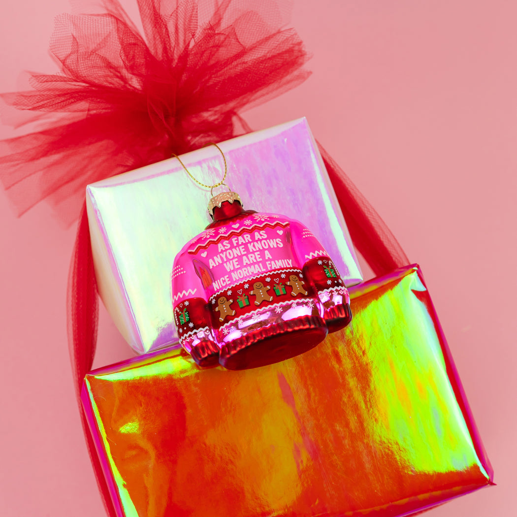 As Far As Anyone Knows We're A Nice Normal Family - Sweater Glass Ornament