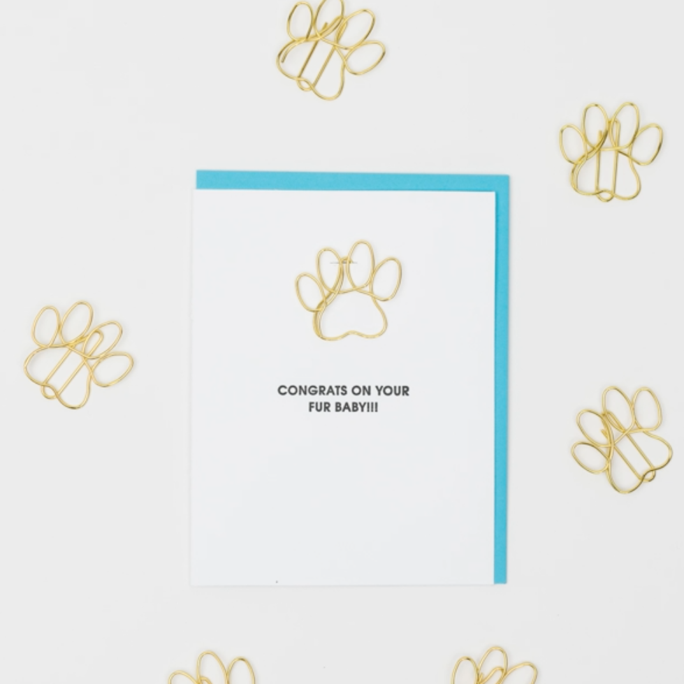 Congrats on Your New Fur-Baby - Paw Print Paper Clip Letterpress Card