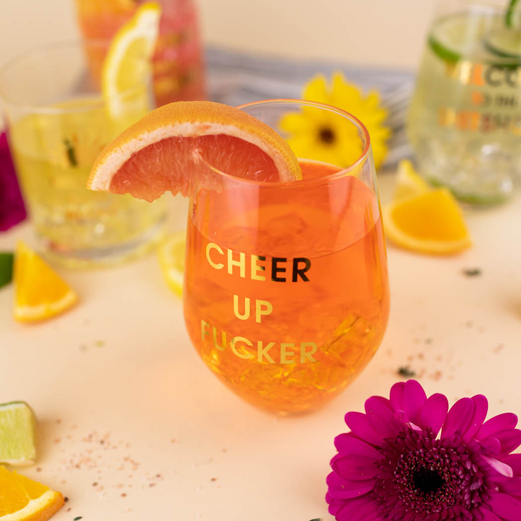 Cheer Up Fucker - Gold Foil Stemless Wine Glass