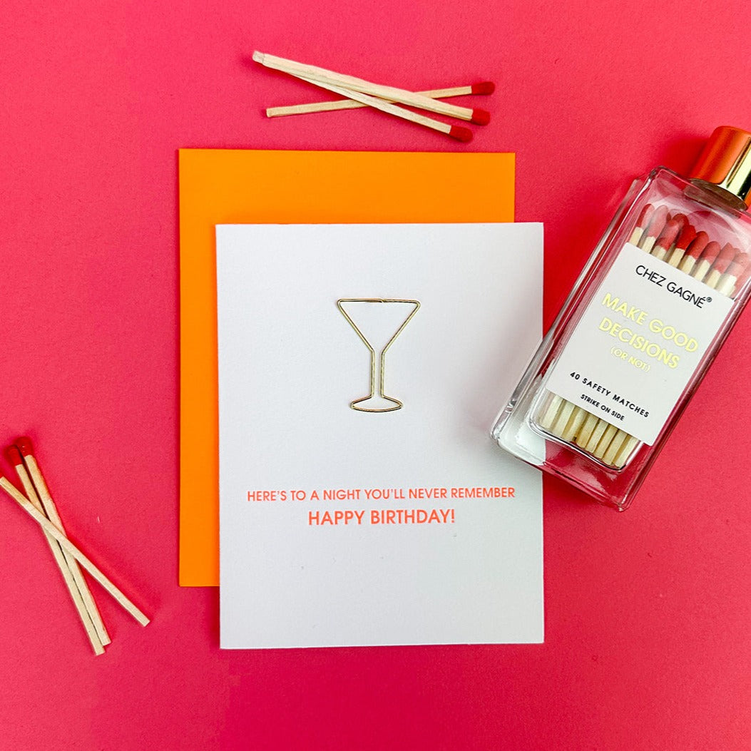 Here's To A Night You'll Never Remember - Martini Paper Clip Letterpress Card