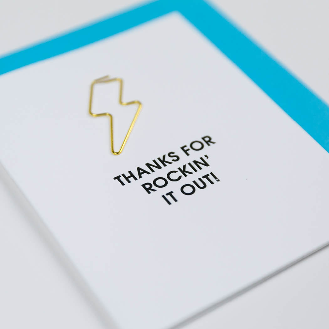 Thanks For Rockin' It Out  - Lightning Bolt Paper Clip Letterpress Card