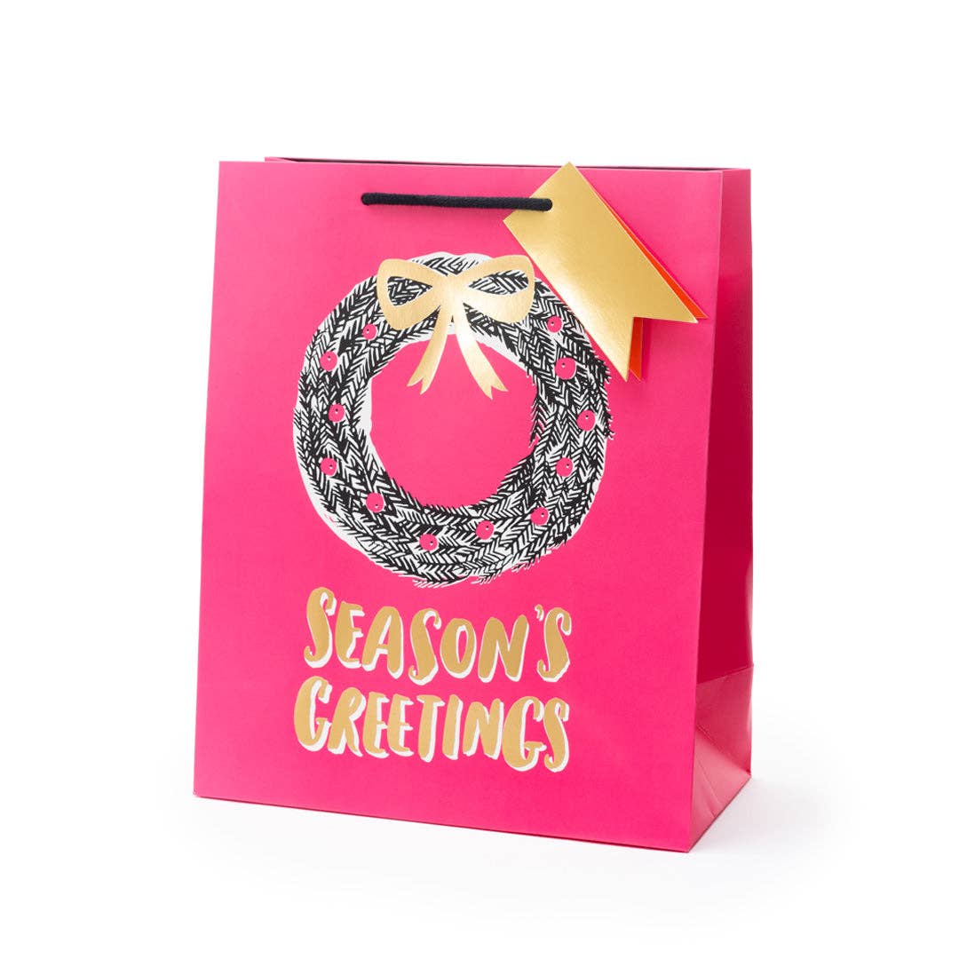 Seasons Greetings Wreath Gift Bag by Ohh Deer. Gold foil christmas gift bag. Holidays gift bag. Wreath gift bag. Season's Greetings gift bag. Hot Pink Gift Bag
