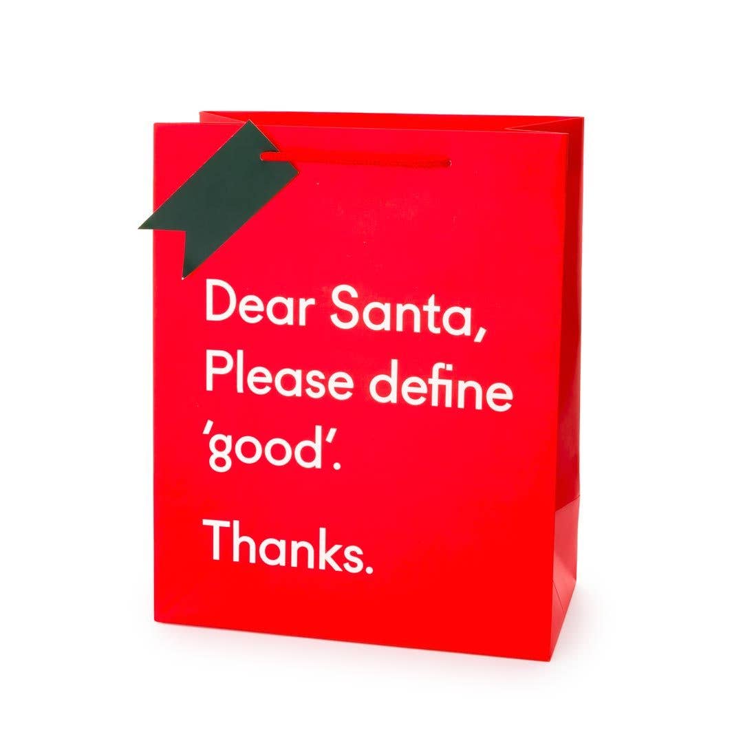 Define 'Good' Christmas Gift Bag by Ohh Deer. Funny Gift Bag. Funny christmas gift bag. Santa define good humorous christmas wrapping. Red, green and white bag
