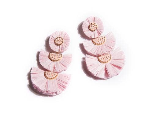 Gaetana Earrings in Pink by shiraleah. Pink earrings. Pink statement earrings. Pink rattan earrings. Baby shower earrings. Bridal Shower Earrings. 3 tiered earrings. Statement earrings