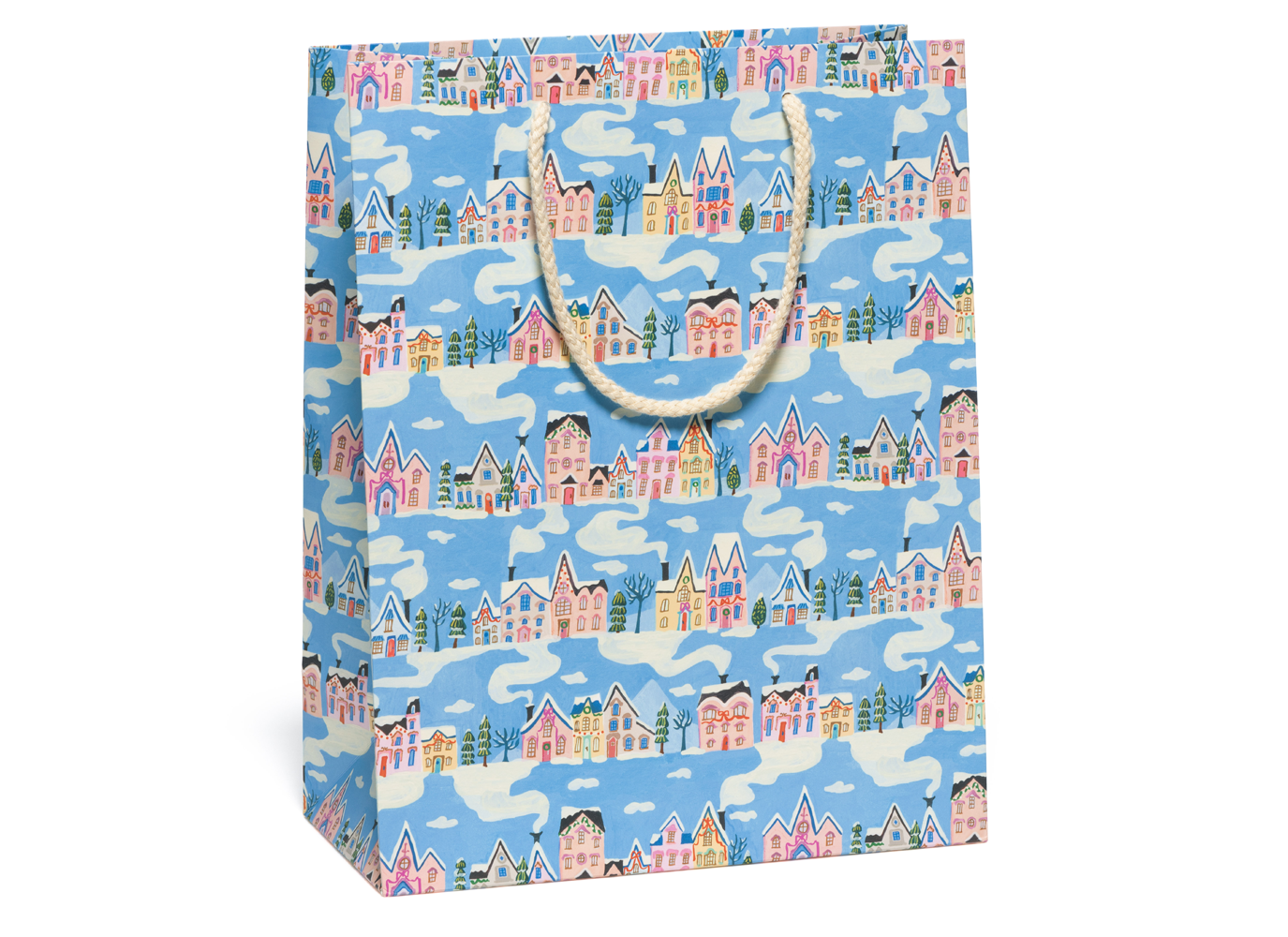 Little Pink Houses Gift Bag by Red Cap Cards. Blue and pink gift bag. Winter wonderland gift bag. Cute christmas gift bag. Cute gift bag for the holidays. Illustrated gift bag for christmas. Large christmas gift bag