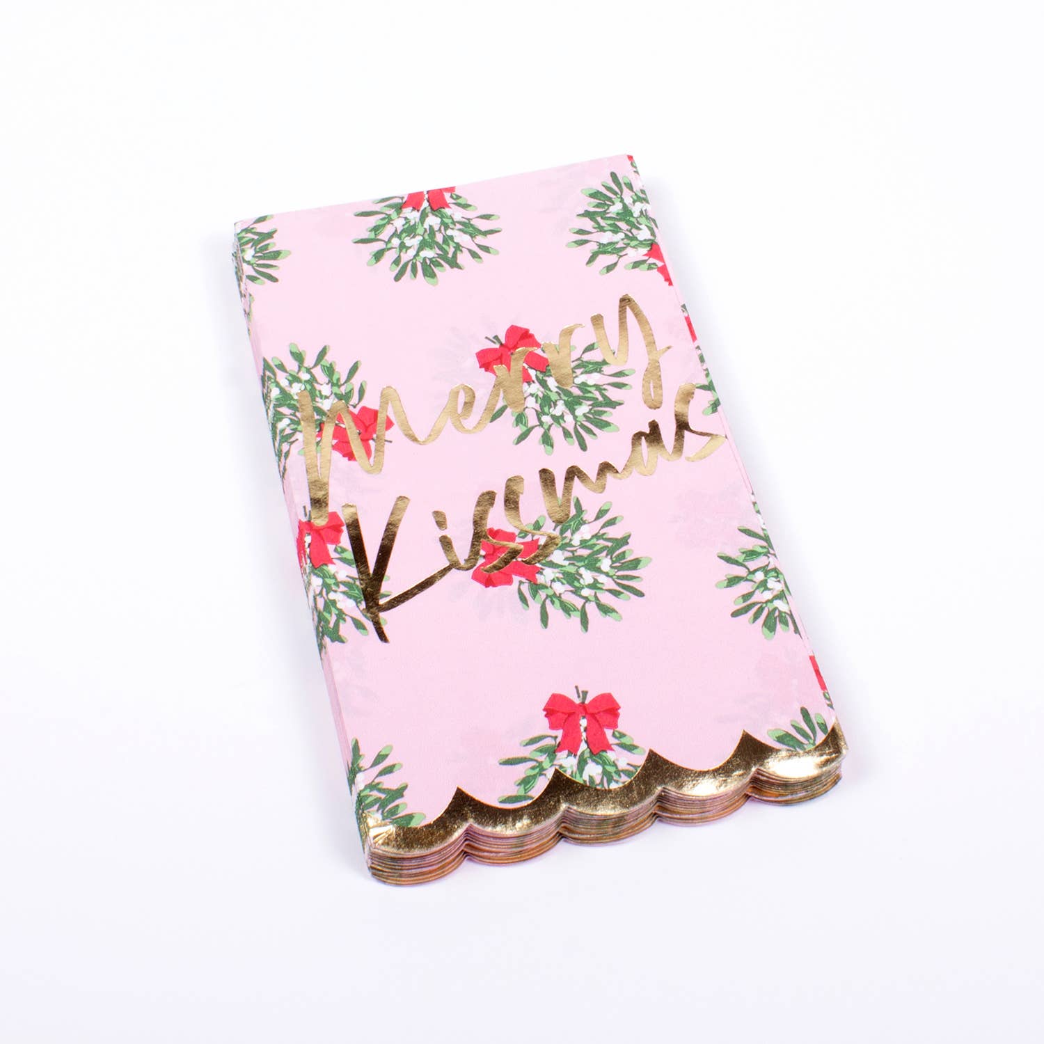 Mistletoe Kiss Paper Napkins by 8 Oak Lane. Pink cocktail napkins. Christmas party napkins. Mistletoe party napkins. Pink Christmas party decor. Napkins with gold foil. Mistletoe napkins