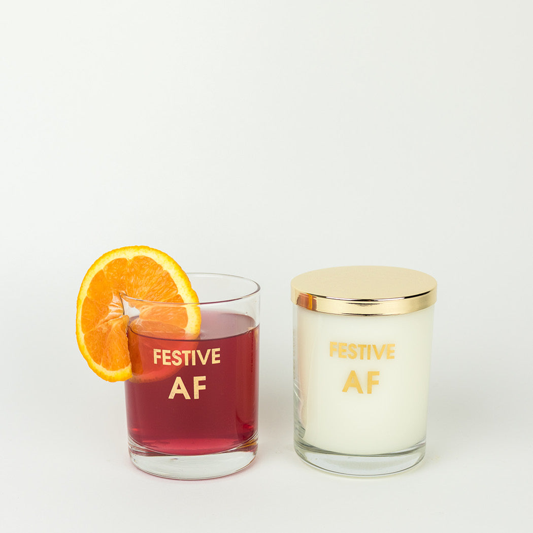 Chez Gagné Festive AF Rocks Glasses and Candles