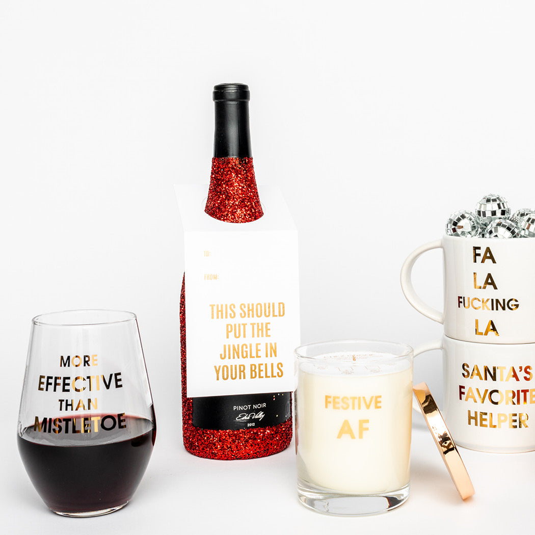 Chez Gagne Chez Gagné More Effective Than Mistletoe- Gold Foil Stemless Holiday Wine Glass
