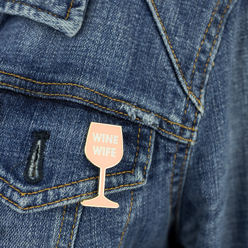 Our Wine Wife hilarious enamel pin is perfect for your bestie, sister or other wine wife in your life! Chez Gagne Hard Enamel Pin. Wine lover gift. Wine lover enamel pin. Denim Jacket Wine Pin. Jean Jacket Wine Pin.