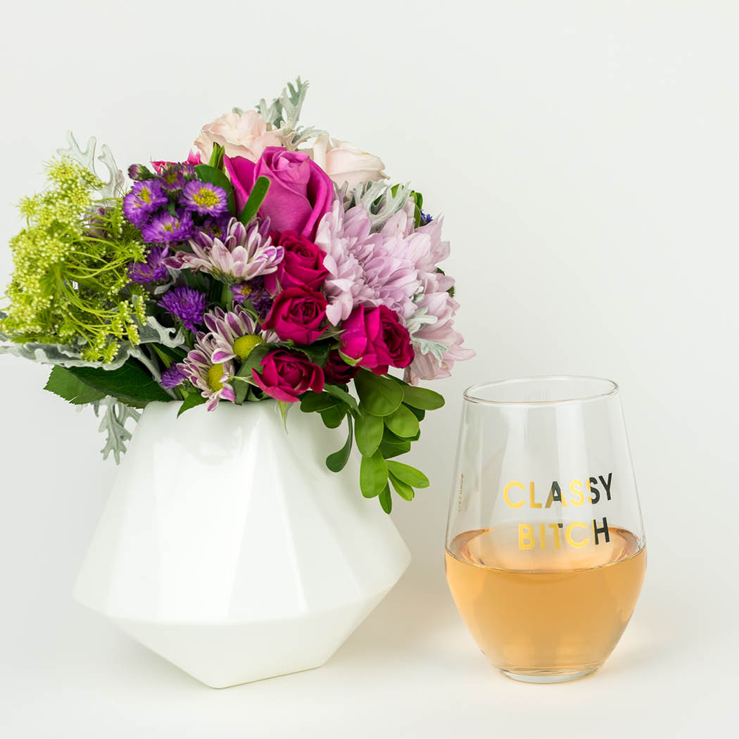 Classy Bitch 19oz Stemless Wine Glass by Chez Gagne