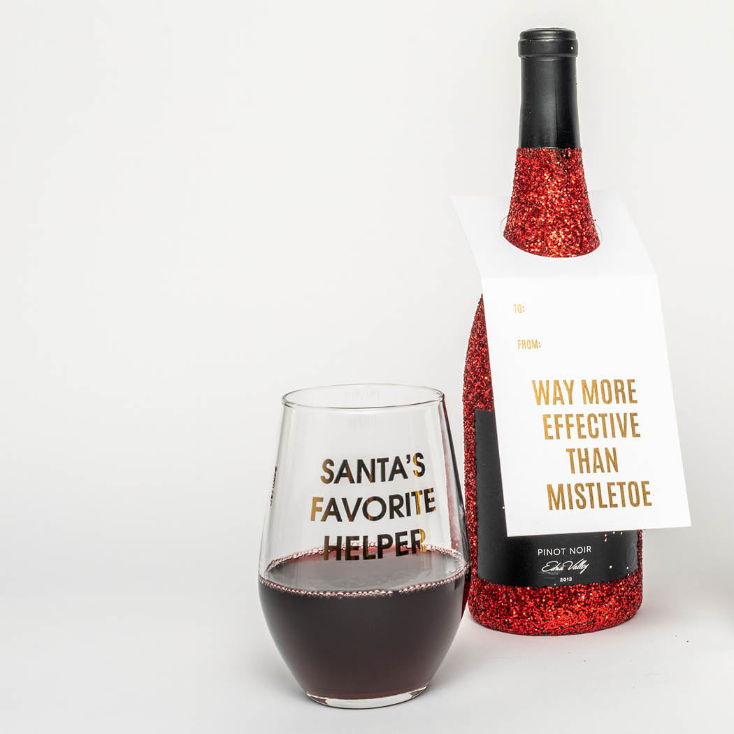 Santa's Favorite Helper- Gold Foil Stemless Wine Glass