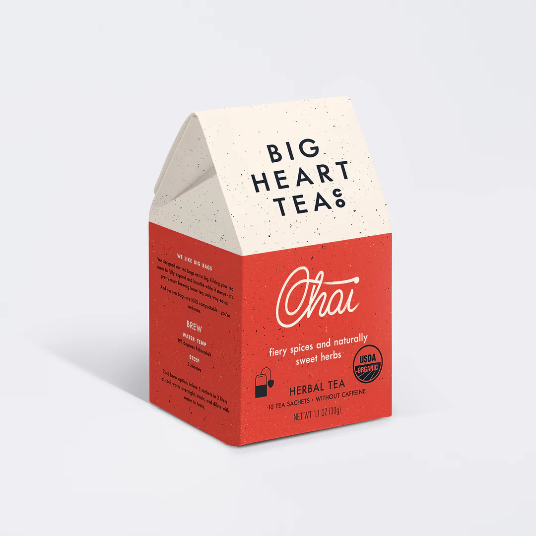 Chai Tea Bags by Big Heart Tea Co. Caffeine free chai tea. Cozy chai tea. Compostable tea bags. Plastic free tea bags. Ecofriendly tea bags. Chai tea for fall.
