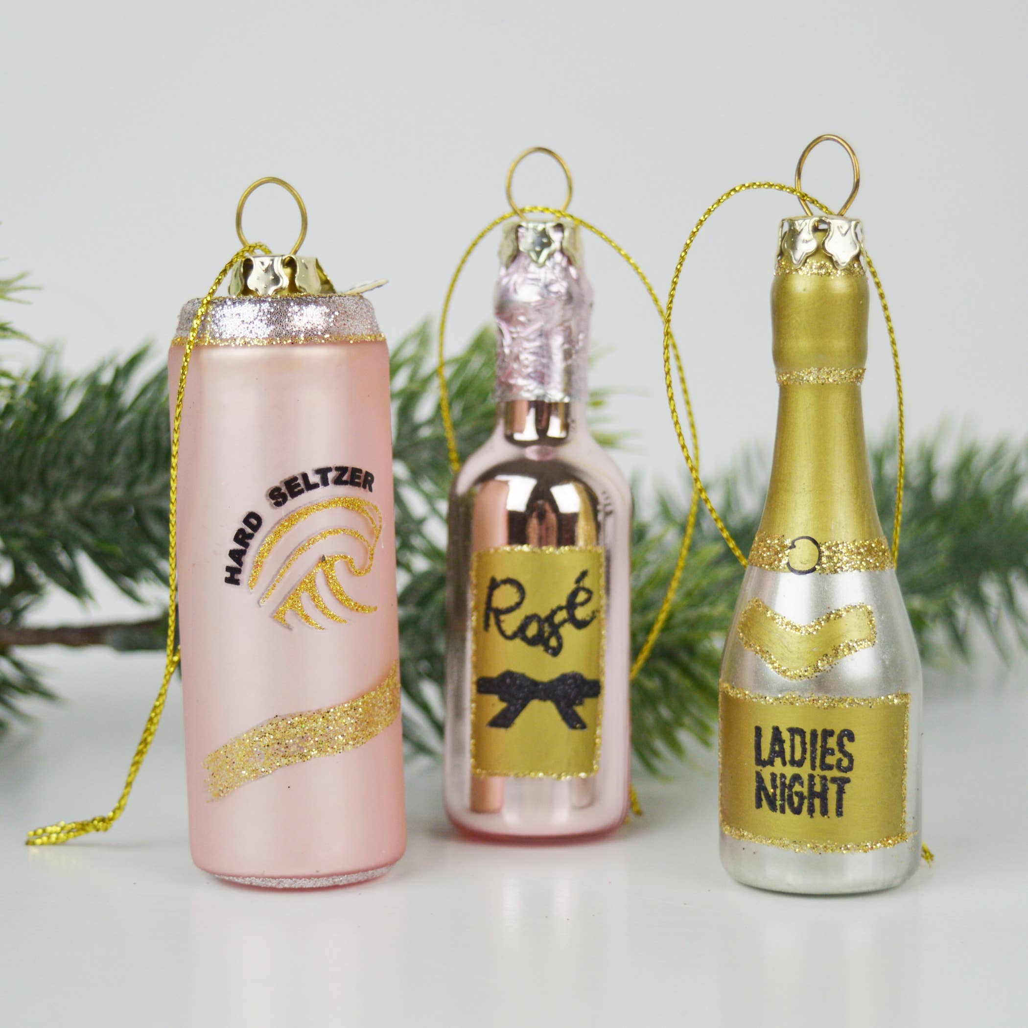 Girl Gang Ornament Set by 8 Oak Lane. Ornament for cocktail lover. Ornament for wine lover. Pink christmas ornaments. Ornament set for wine lover. Pink Christmas Decor. Pink Christmas Ornaments. Ornament for White Claw Lover 