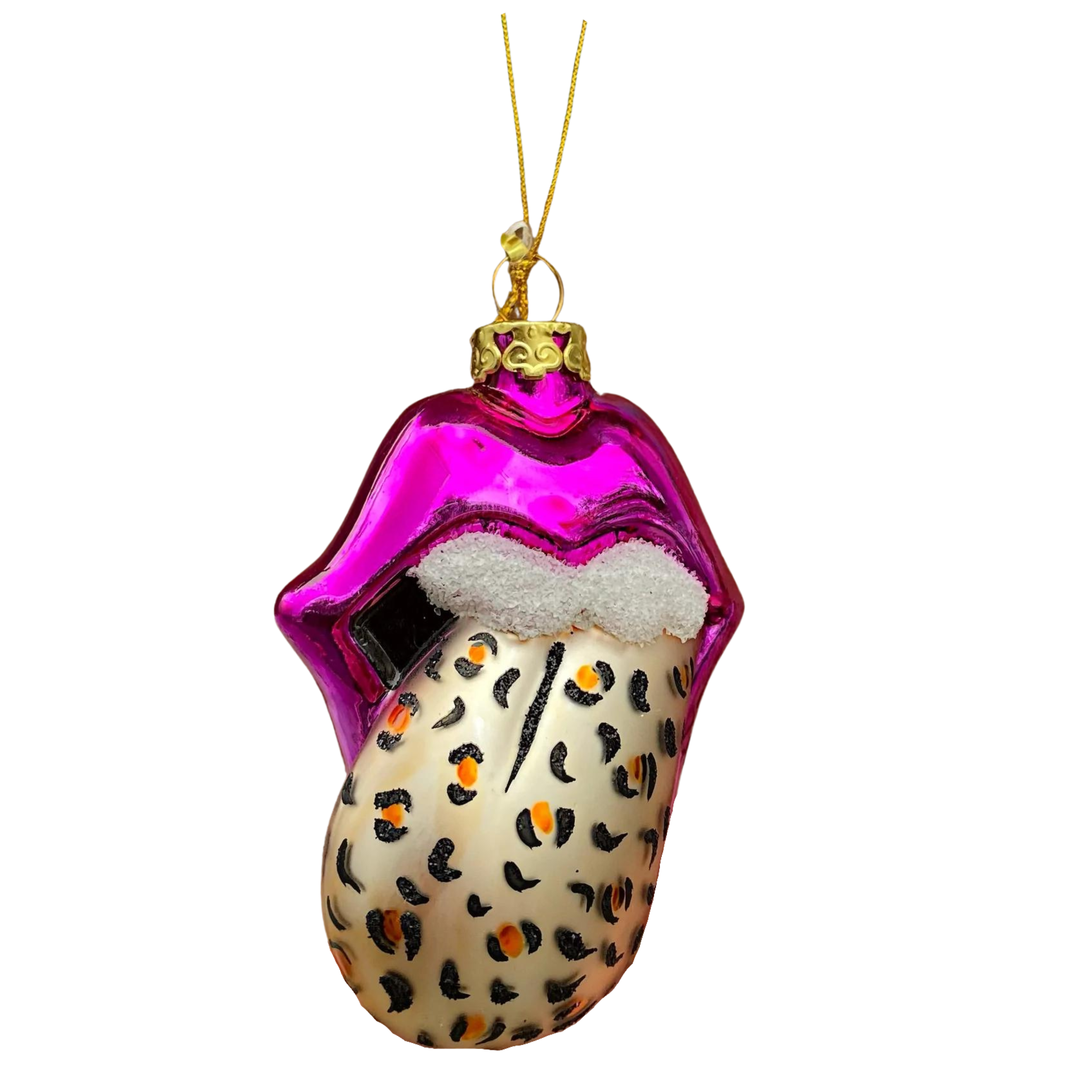 Tongue Out Leopard Print Ornament by Cody Foster. Ornament for rock lovers. Ornament for Rolling Stone lovers. Rolling stone ornament. Leopard print ornament. Rocker ornament. Ornament for people who love rock bands. Mick Jagger ornament.