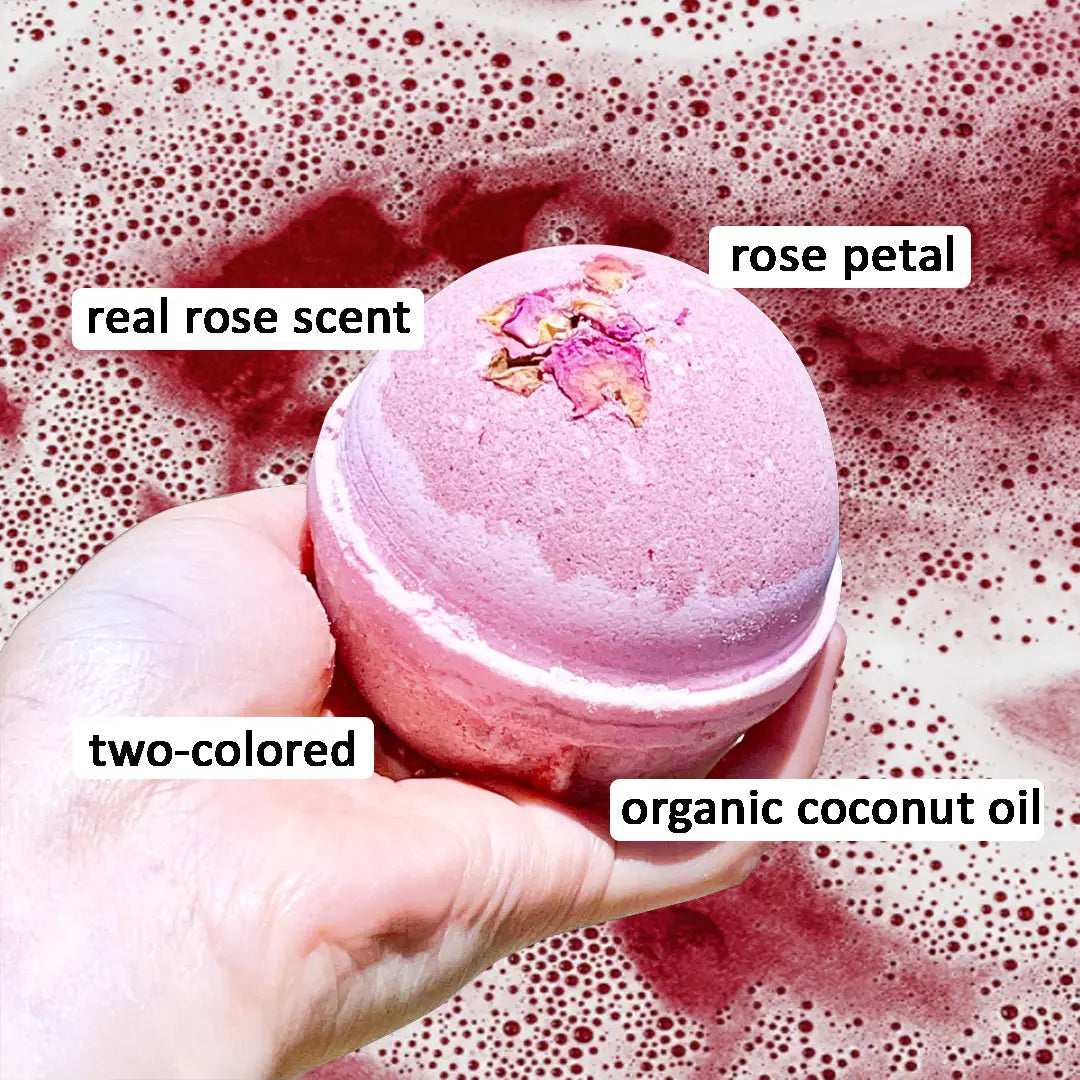 Wild Rose Botanic Bath Bomb by Pure Drop. Vegan Bath Bomb. Rose Scented bath bomb with real rose petals. Vegan bath bomb.