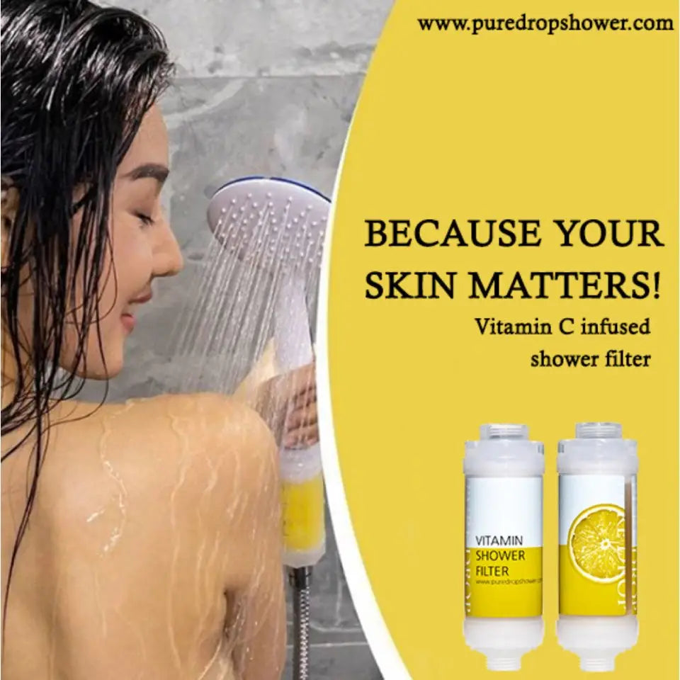 Vitamin Shower Filter in Refresh Lemon by Pure Drop. Shower filter with vitamin c. Install yourself shower filter. Anti aging shower filter. Shower filter for better skin. Shower filter for harsh chemicals. Easy to install shower filter. Aromatherapy shower filter in lemon. Lemon scent shower filter