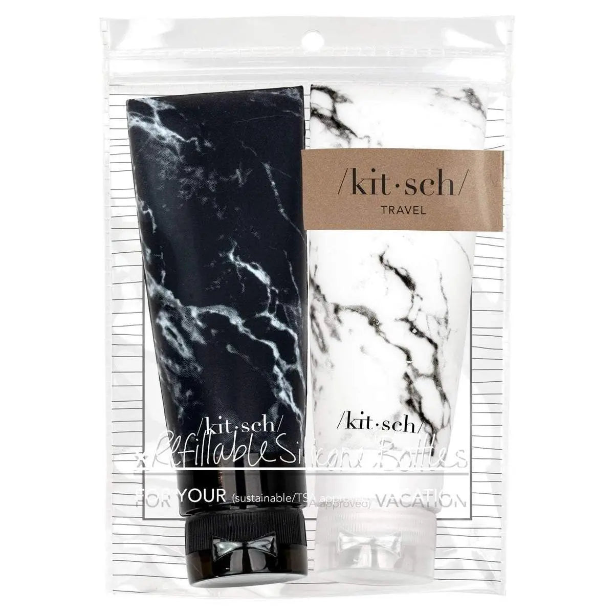 Refillable Silicone Bottle 2PC Set by KITSCH. TSA Approved silicone bottles for travel in white marble and black marble