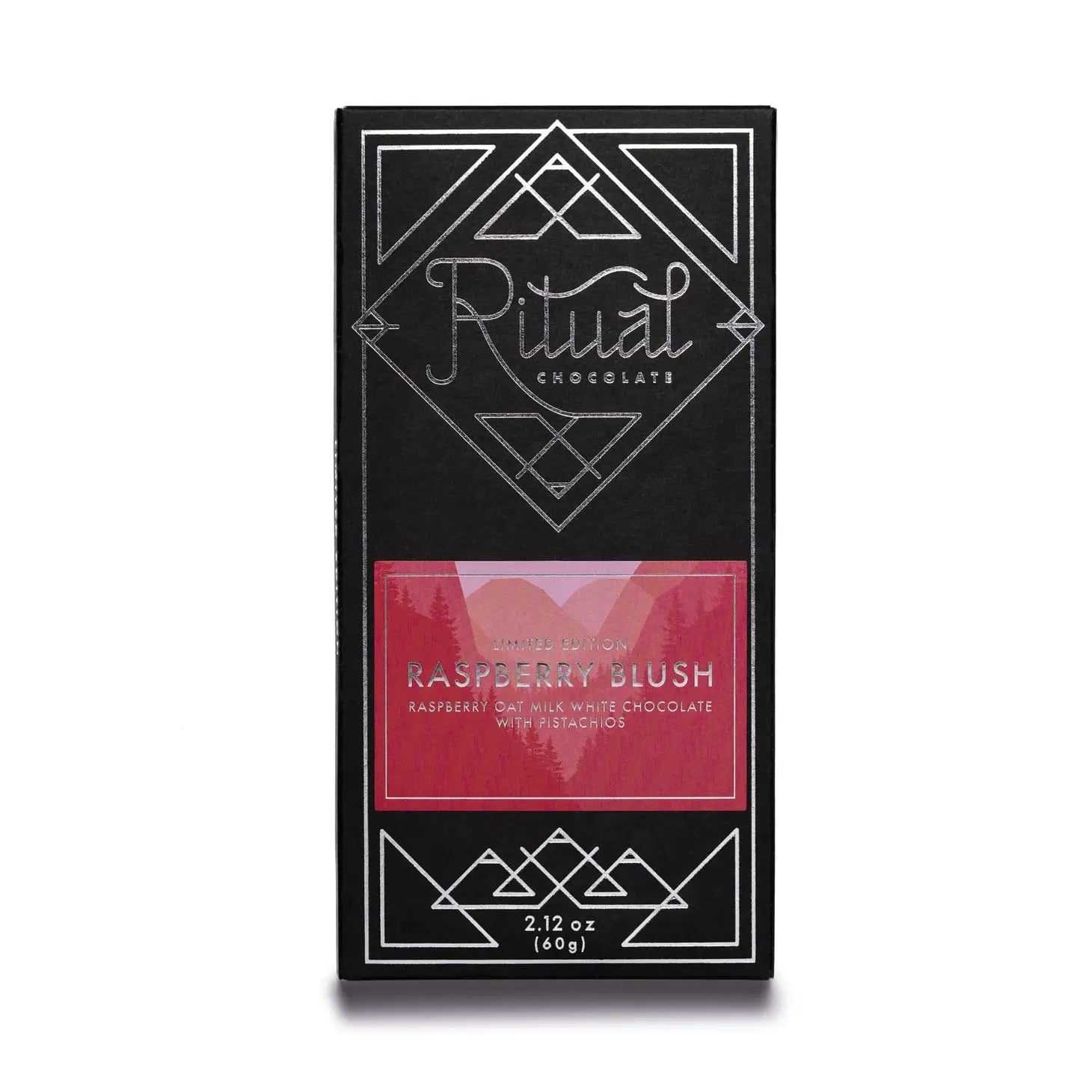 Raspberry Oat Milk White Chocolate with Pistachios by Ritual Chocolate. Valentines Day Chocolate. Gourmet valentines chocolate bar. Chocolate for valentines day. vegan chocolate. vegan gourmet chocolate. raspberry chocolate bar. oat milk chocolate bar. valentines gift. 