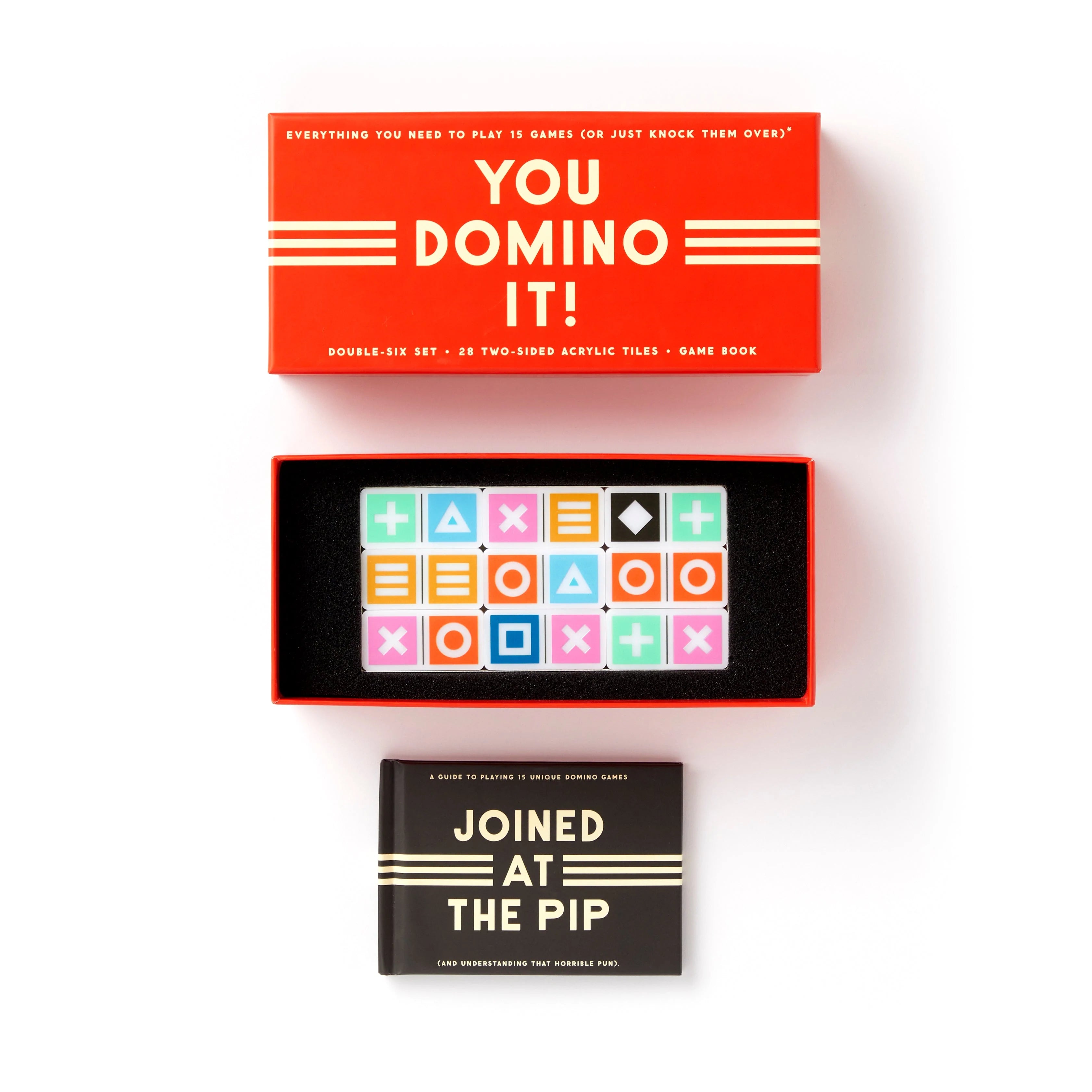 You Domino It! Game Set by Brass Monkey Goods. Fun domino game. Party game with dominos. Game set with dominos. 15 domino game set. Games to play with friends. Family game night. Family memories games.