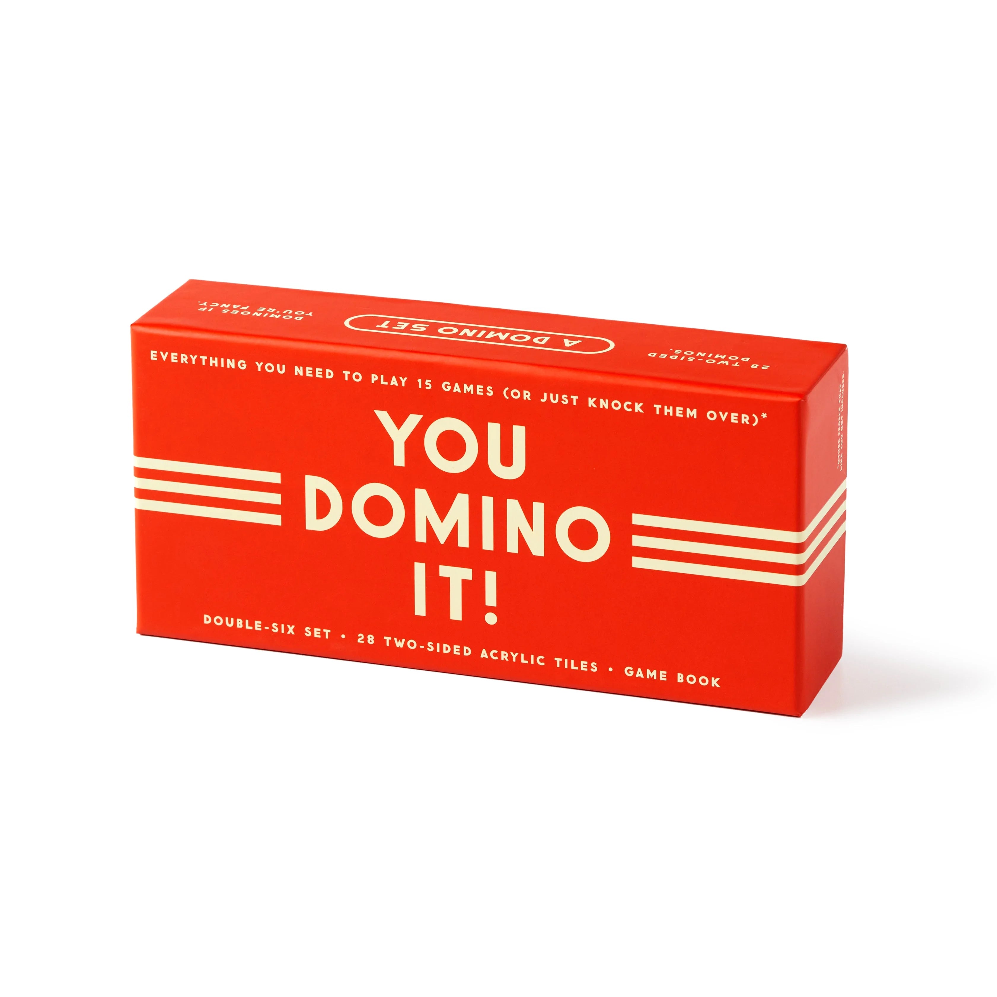 You Domino It! Game Set by Brass Monkey Goods. Fun domino game. Party game with dominos. Game set with dominos. 15 domino game set. Games to play with friends. Family game night. Family memories games.